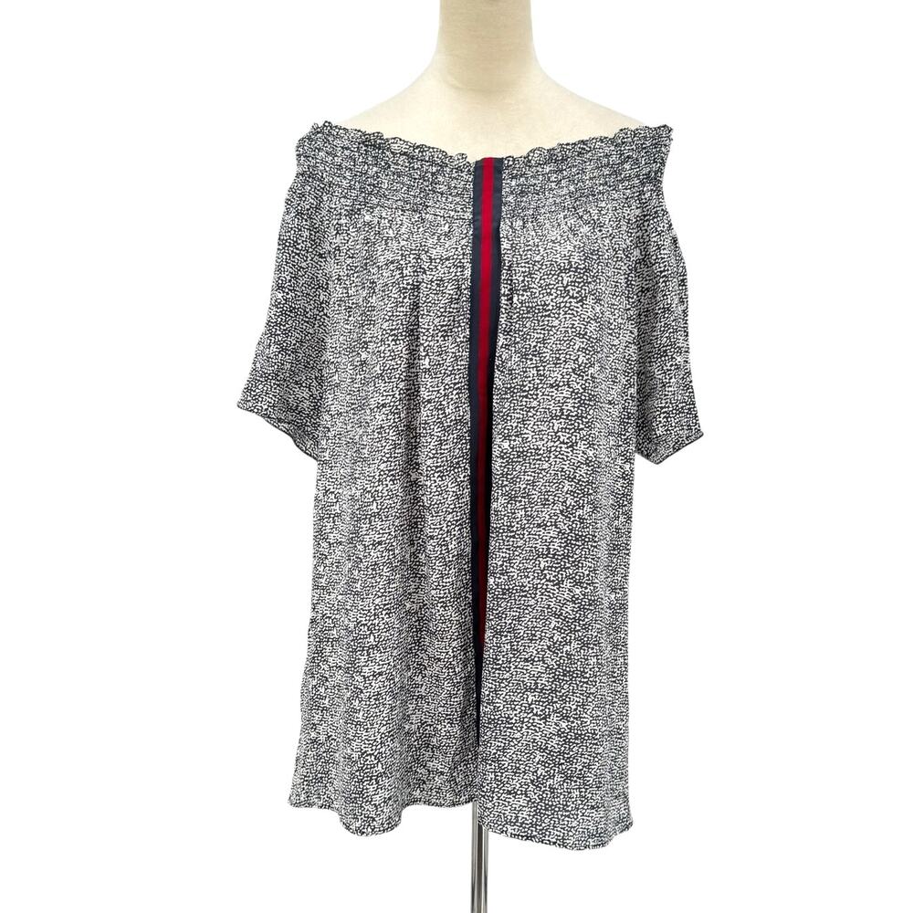 Rungolee Gray & White Print Center Stripe Smocked Off the Shoulder Mini Dress